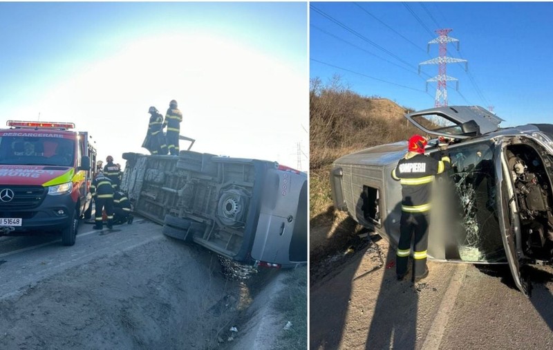 Un microbuz cu 10 pasageri s-a răsturnat pe centura Cluj-Napoca, după ce o autoutilitară a lovit frontal vehiculul
