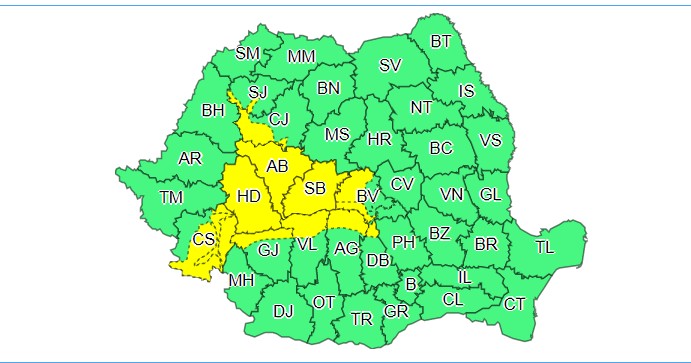 Harta codului galben, transmisă de ANM. Foto: ANM