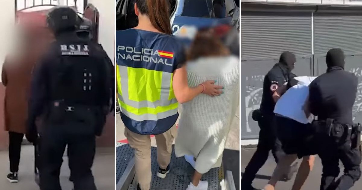 Colaj din trei fotografii, care arată mai multe persoane în timpul unor percheziții. Persoane încătușate sunt însoțite de forțe de ordine