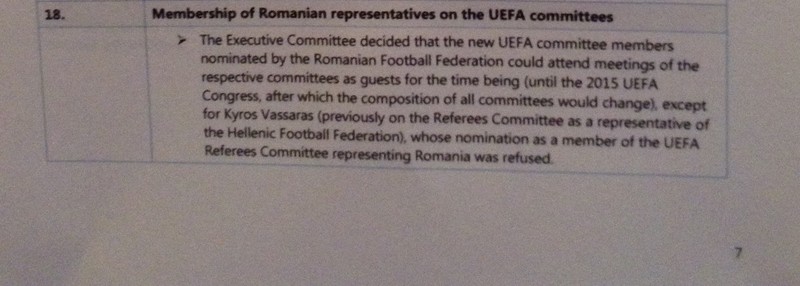 Pasajul care demonstrează că UEFA a respins prezența lui Kyros Vassaras în Comitetul Executiv