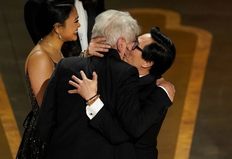 Harrison Ford, left, and Ke Huy Quan react onstage when "Everything Everywhere All at Once" wins the award for best picture at the Oscars on Sunday, March 12, 2023, at the Dolby Theatre in Los Angeles.,Image: 762317942, License: Rights-managed, Restrictions: This content is intended for editorial use only. For other uses, additional clearances may be required., Model Release: no, Pictured: Harrison Ford,Ke Huy Quan