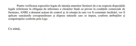 Răspunsul primit de consumator de la ANRE
