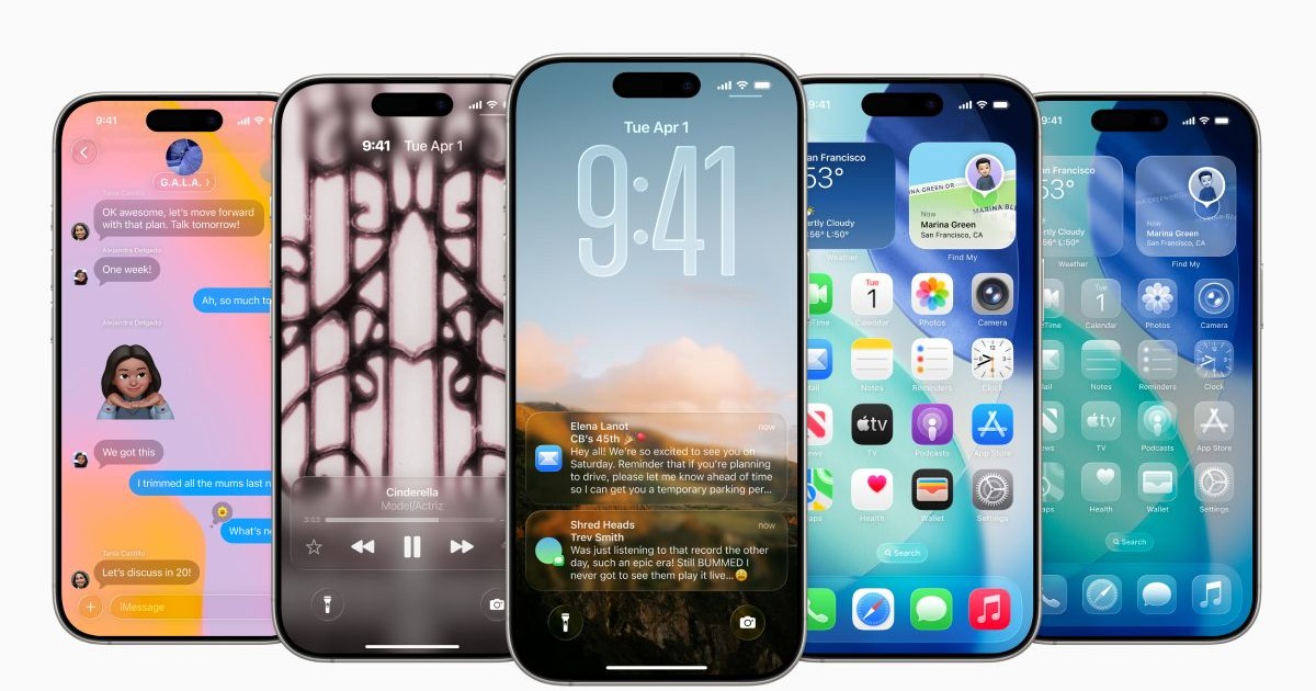 Cinci iPhone-uri cu diferite culori și funcții din iOS 26 afișate pe ecranul de pornire.