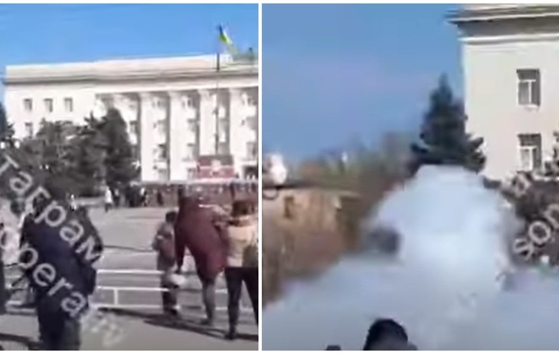 VIDEO | Focuri de armă și grenade la un protest al localnicilor din Herson. Soldații ruși au tras asupra oamenilor