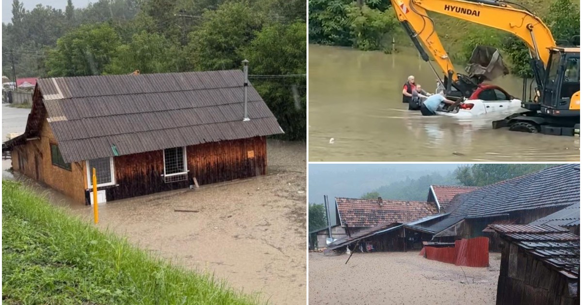 Colaj de imagini ce ilustrează efectele devastatoare ale unor inundații severe dintr-o zonă rurală, prezentând gospodării și case parțial scufundate în ape, precum și o intervenție cu un excavator pentru salvarea unei mașini acoperite de ape.