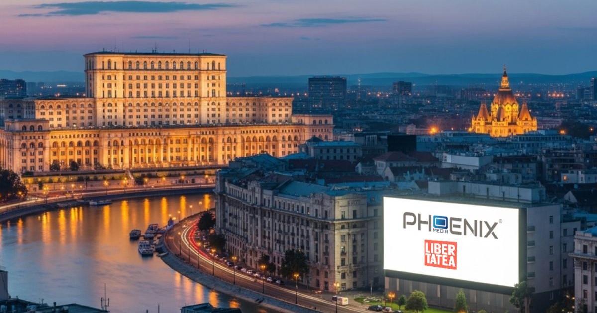 Un panou digital aflat pe un bulevard din București pe care se văd logo-urile Libertatea și Phoenix Media, pe fundal alb, iar în distanță se văd clădirile din București