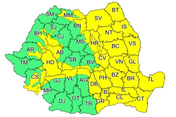 Pe 21 iunie, între orele 11.00 și orele 22.00, jumătate de țară va fi sub avertizare de cod galben