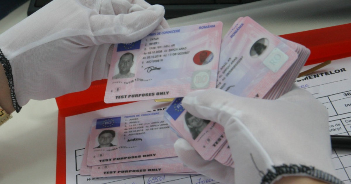 Mai multe permise de conducere pe care le ține în mână o persoană cu mânuși albe