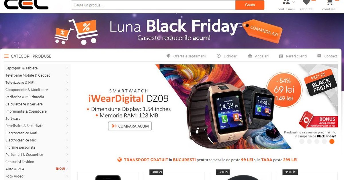 Reducerile Cel.ro de Black Friday 2017. Cele mai mari reduceri. Captură de ecran cu promoțiile de ”Luna Black Friday”