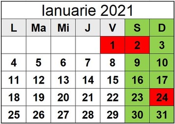 Calendar zile libere ianuarie 2021