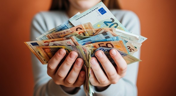 O femeie cu mâinile pline de bancnote de euro