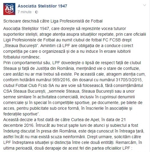 Prima parte a mesajului steliștilor supărați pe LPF