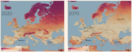 Europa acum și în 2070, în cel mai pesimist scenariu. Culoarea închisă reprezintă zona cu condiții nepotrivite de locuire Sursa: Financial TImes