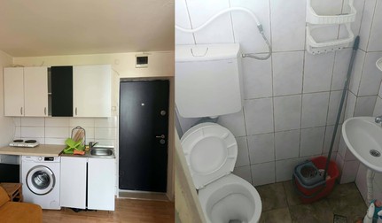 Bucătăria și baia dintr-o garsonieră din Cluj-Napoca. Foto: Chirii Cluj (Fără Agenție)/Facebook