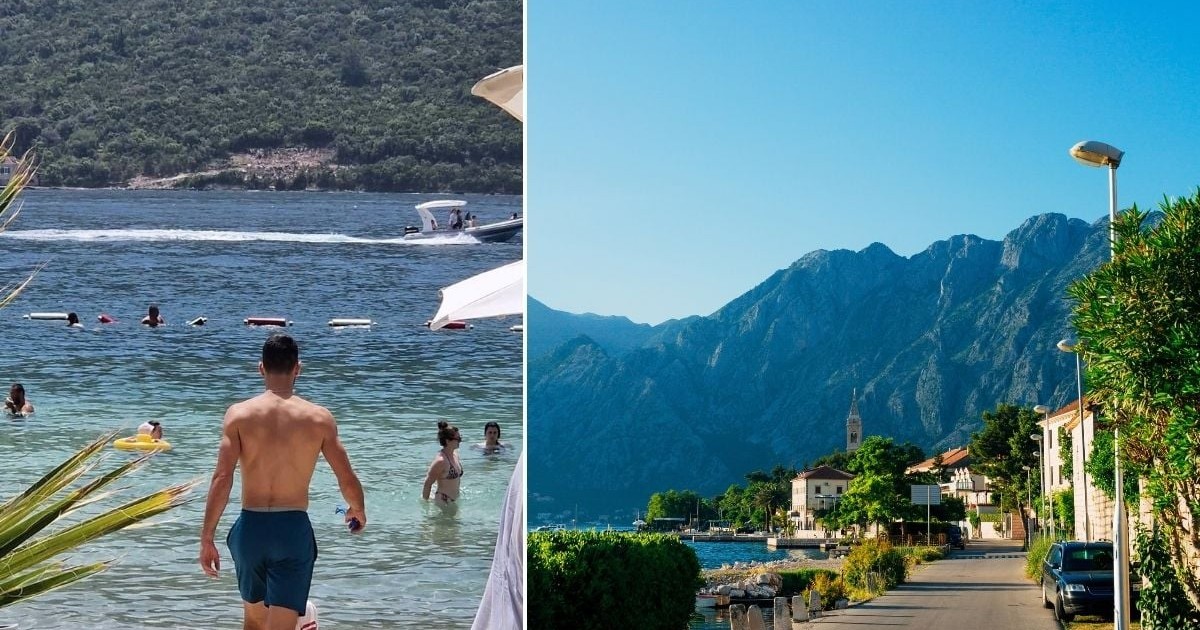 colaj foto format din două imagini despărțite de o bandă albă: imaginea din stânga îl arată pe Novak Djokovic, de la spate, intrând în apa de o culoare turcoaz, în Ljuta, Muntenegru, iar imaginea din dreapta arată un peisaj al Ljuta