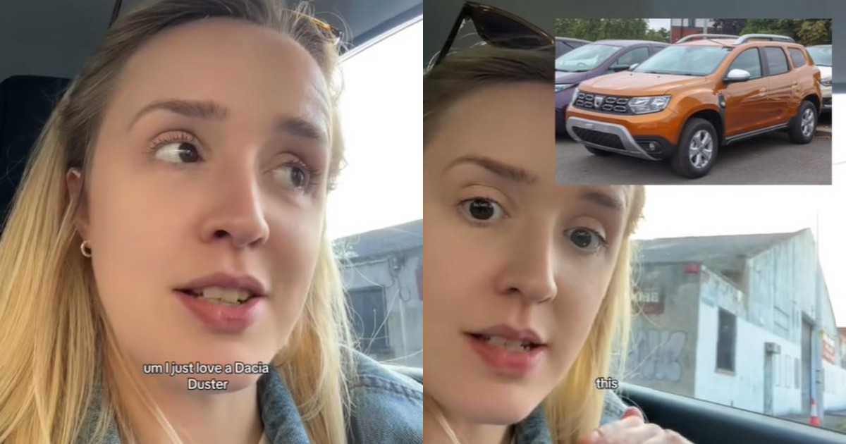 Influencerița britanică stă în mașină și vorbește cu fanii de pe TikTok despre pasiunea ei pe care o are pentru Dacia Duster