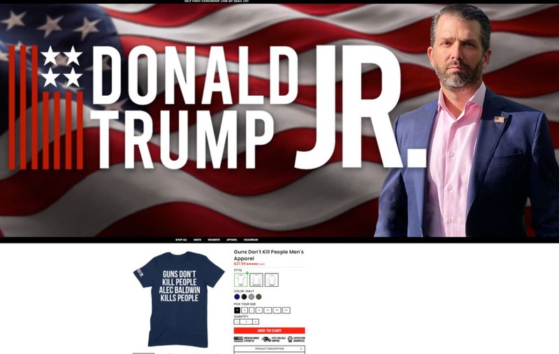Donald Trump jr vinde online tricouri cu mesajul „Armele nu ucid oameni, Alec Baldwin ucide oameni”