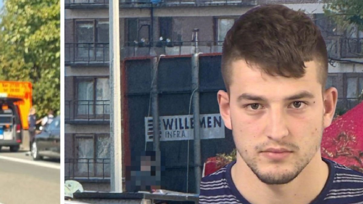 Colaj din două fotografii: mașini pe o stradă și portretul unui tânăr îmbrăcat cu tricou albastru cu dungi albe având în fundal o clădire