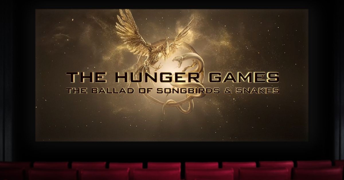 logo-ul unui film din seria jocurile foamei, afisat pe un ecran de cinema
