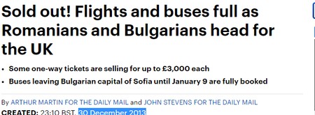 „Sold-out. Avioanele și autocarele sunt pline de români și bulgari care se îndreaptă spre UK”, titlul din Daily Mail, în 2013