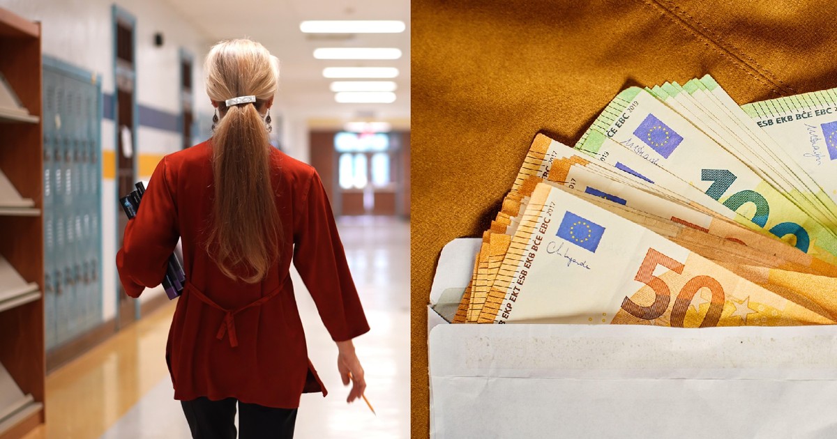 O profesoara imbracata in rosu merge pe culoarul unei scoli/// un plic cu mai multe bancnote euro