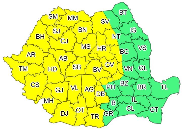 Cod galben de furtuni în Transilvania, Oltenia și vestul Munteniei