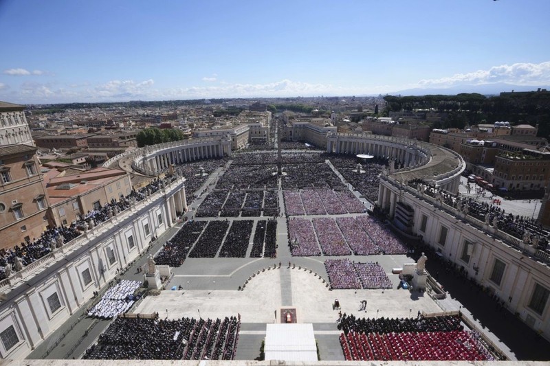 A view of the funeral of Pope Francis in St. Peter's Square at the Vatican, Saturday, April 26, 2025. (AP Photo/Alessandra Tarantino)