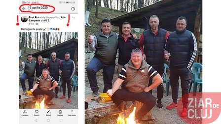 Imaginea de la petrecerea la care a participat comandantul Poliției Cluj, Alin Câmpen (sus, al doiea din dreapta) și căpitanul Viorel Federiga (primul din stânga).
