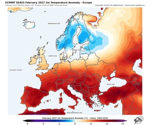Prognoza temperaturilor din februarie 2027 în Europa. Sursa foto. SWE