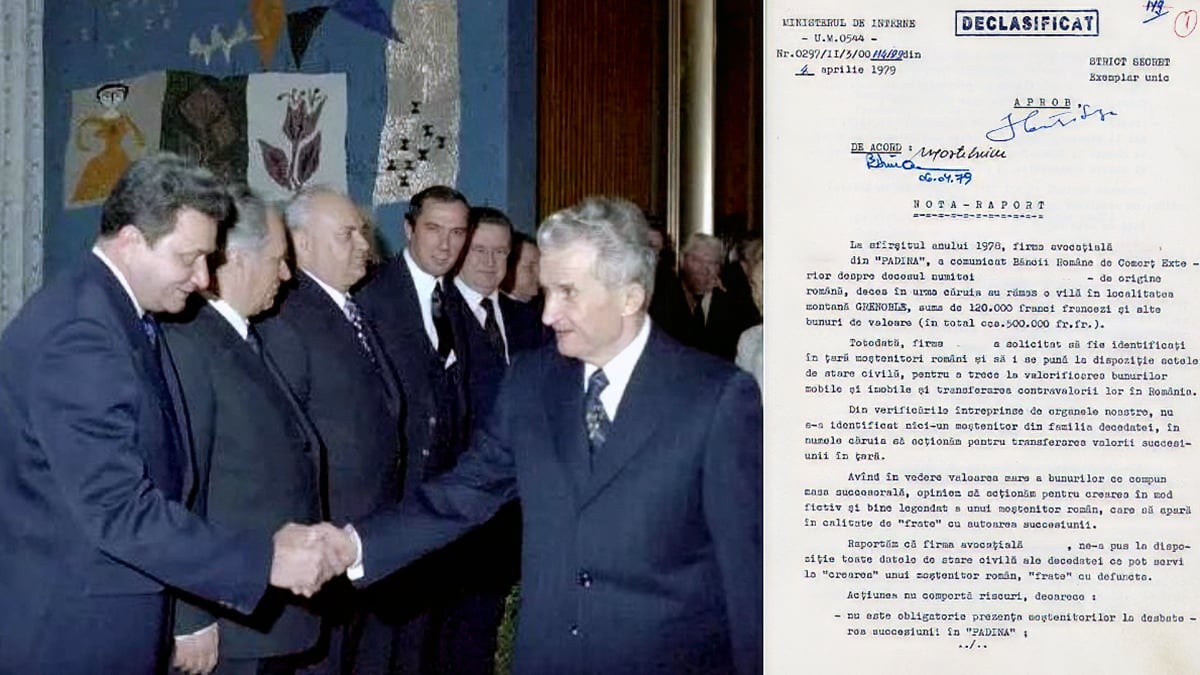 Un colaj cu Tudor Postelnicu dand mana cu Nicolae Ceausescu si un document vechi