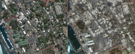 (COMBO) This combination of pictures created on August 09, 2023 shows (L) this handout satellite image courtesy of Maxar technologies shows an overview of Banyan court in Lahaina, Hawaii on June 25, 2023, and (R) this handout satellite image courtesy of Maxar technologies shows an overview of Banyan court in Lahaina, Hawaii on August 9, 2023. At least six people have been killed in a wildfire that has razed the Hawaiian town of Lahaina, officials said on August 9, 2023 with desperate residents jumping into the ocean in a bid to escape the fast-moving flames.,Image: 795756281, License: Rights-managed, Restrictions: RESTRICTED TO EDITORIAL USE - MANDATORY CREDIT "AFP PHOTO / Satellite image ©2023 Maxar Technologies" - NO MARKETING NO ADVERTISING CAMPAIGNS - DISTRIBUTED AS A SERVICE TO CLIENTS The watermark may not be removed/cropped -, *** HANDOUT image or SOCIAL MEDIA IMAGE or FILMSTILL for EDITORIAL USE ONLY! * Please note: Fees charged by Profimedia are for the Profimedia's services only, and do not, nor are they intended to, convey to the user any ownership of Copyright or License in the material. Profimedia does not claim any ownership including but not limited to Copyright or License in the attached material. By publishing this material you (the user) expressly agree to indemnify and to hold Profimedia and its directors, shareholders and employees harmless from any loss, claims, damages, demands, expenses (including legal fees), or any causes of action or allegation against Profimedia arising out of or connected in any way with publication of the material. Profimedia does not claim any copyright or license in the attached materials. Any downloading fees charged by Profimedia are for Profimedia's services only. * Handling Fee Only ***, Model Release: no