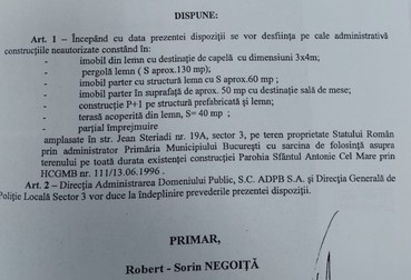 Extras din dispoziția de demolare a primarului Robert Negoiță din 2017