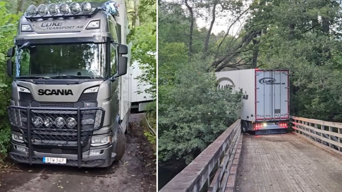 Un camion Scania argintiu cu grilaj negru este blocat într-o pădure, pe un pod de lemn