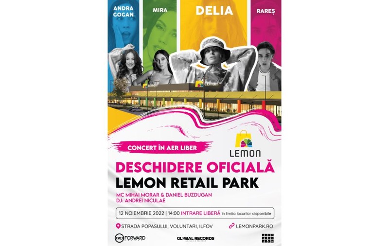 Delia și alți artiști consacrați vor susține un concert la deschiderea celui mai nou centru comercial Lemon Retail Park, din zona Pipera. Evenimentul va fi prezentat de Mihai Morar și Daniel Buzdugan, emblemele radioului românesc