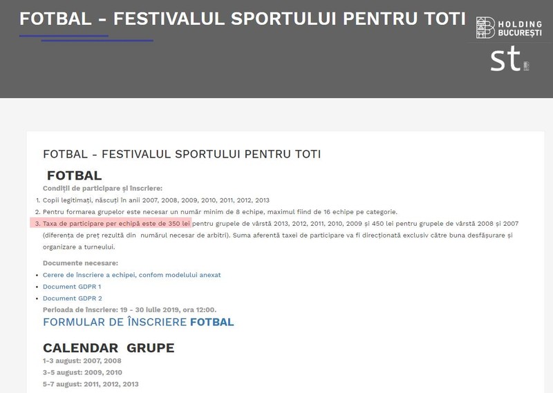 Captură din regulamentul de pe site-ul Compania Municipală Sport pentru Toți