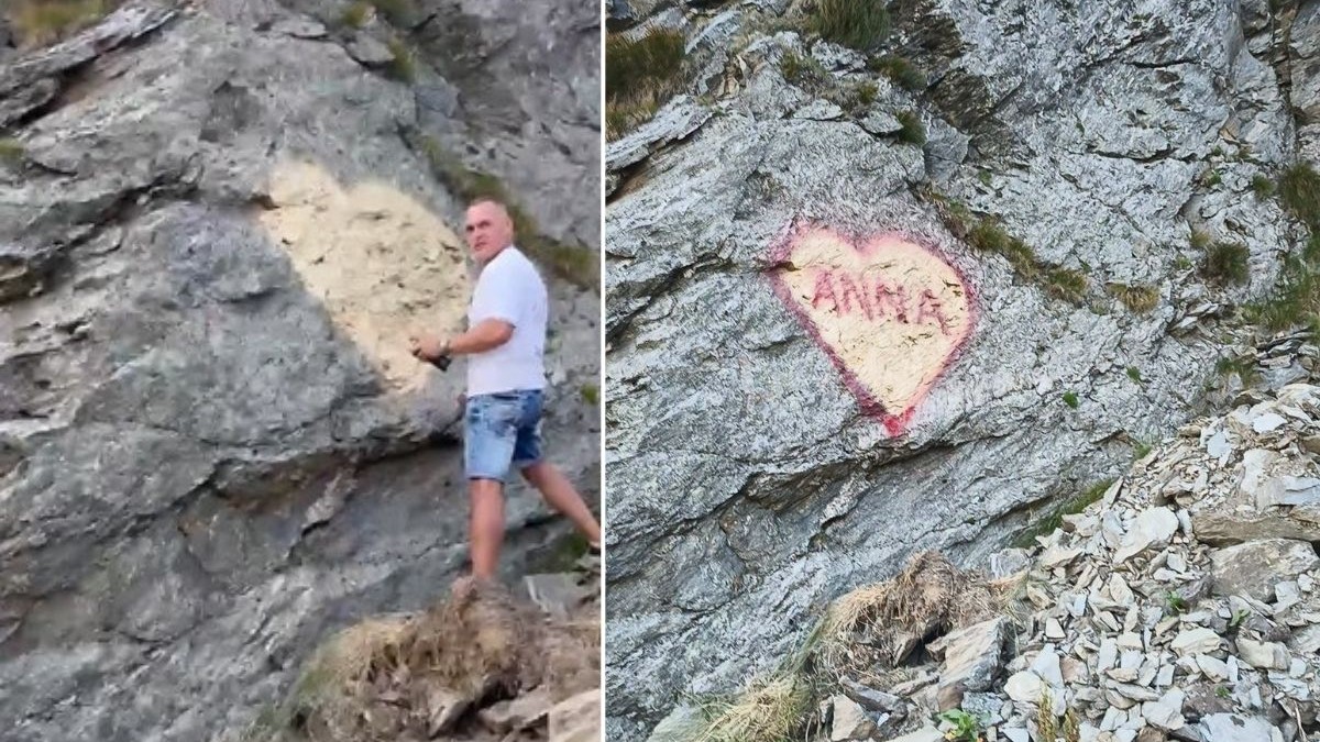 colaj foto format din două imagini: imaginea din stanga arata un turist intr-un tricou alb și pantaloni albaștri scurți de blugi, desenând cu spray pe o stâncă o inimă, și imaginea din dreapta arata inima de pe stancă, cu textul „ANNA” scris cu spray roșu în centru