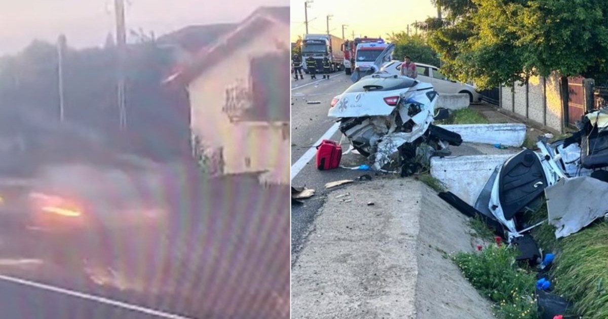 Colaj foto cu o imagine surprinsă de o cameră de supraveghere în momentul accidentului, în stânga, și în dreapta o imagine după accident, cu mașina de culoare albă ruptă în două, la Plosca, pe 18 mai 2025