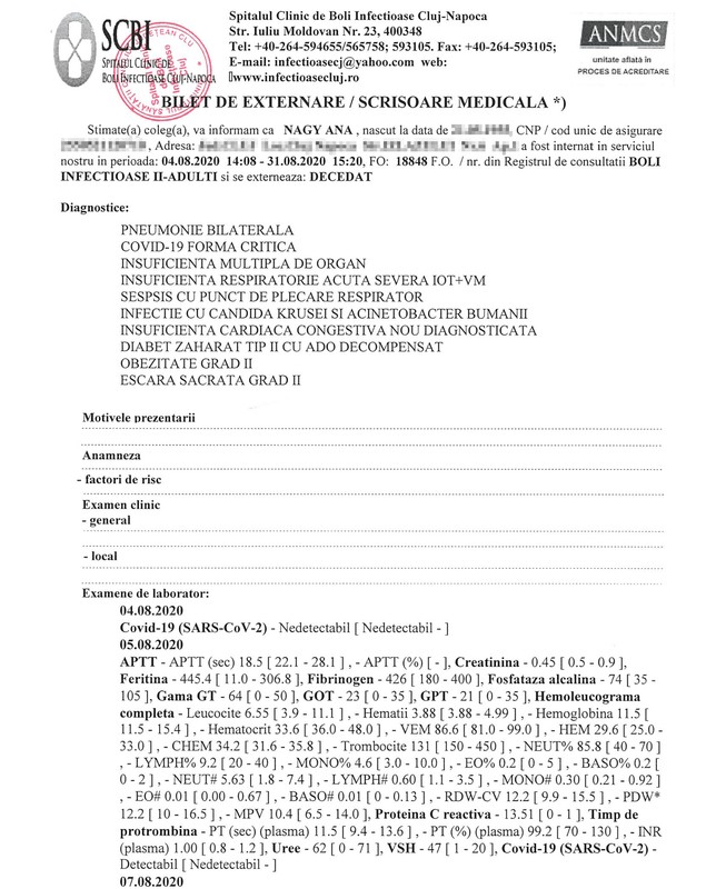 Cazul Anei Nagy, decedată de COVID. Ovidiu Nagy: ”Mama mea s-a tratat în spital de COVID și au apărut trei germeni nosocomiali. Nu a supraviețuit!”