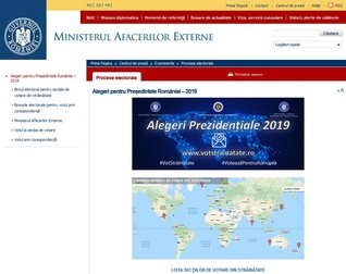 Așa arată pagina de pe site-ul MAE, unde poate fi consultată lista cu secțiile de votare din străinătate și accesată harta interactivă cu acestea