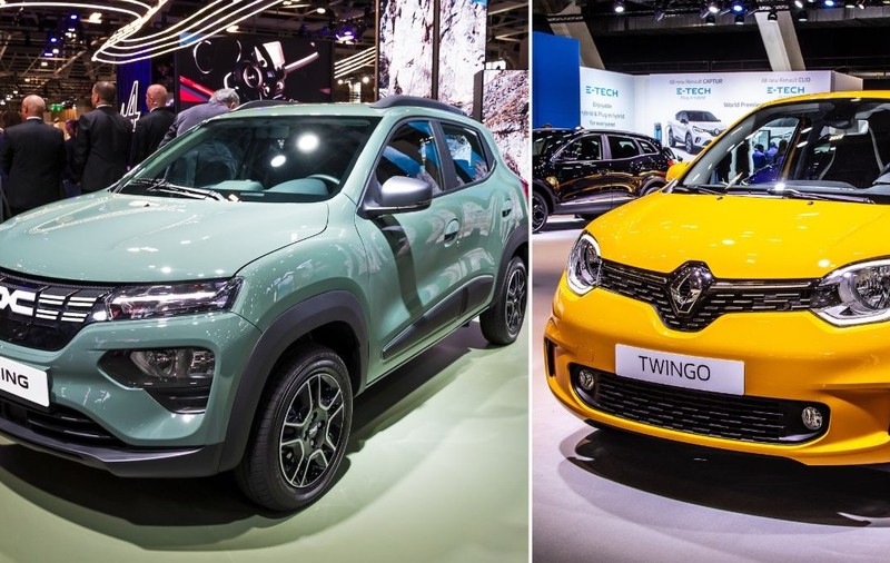 colaj foto format din două imagini: imaginea din stanga arata un dacia spring bleu iar imaginea din dreapta arata un renault twingo galben