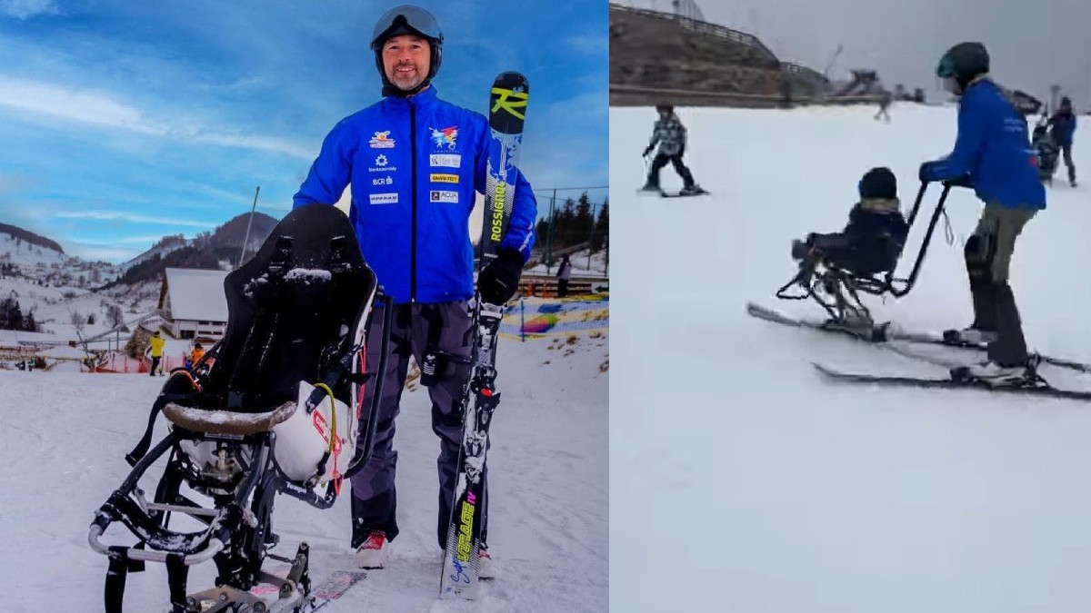 În stânga, un bărbat lângă un scaun de schi pentru copiii cu disabilitati, un dreapta, un bărbat plimbă pe partie un băietel
