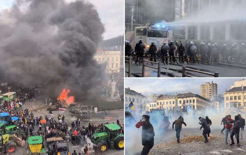 Proteste violente cu tractoare, cartofi aruncați și muzică asurzitoare la Bruxelles: poliția a pus tunurile cu apă pe fermieri