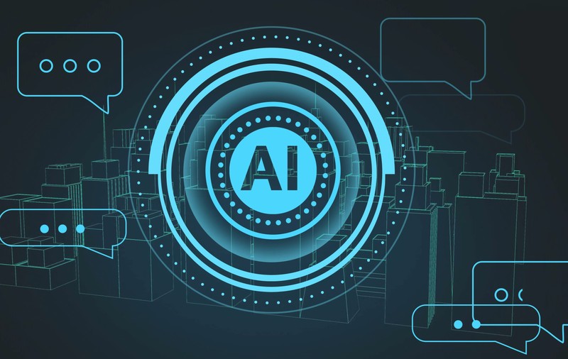 Concept de inteligență artificială cu bule de chat digitale și peisaj urban futurist. Tehnologie, IA, viitor, inovație, comunicare, oraș inteligent