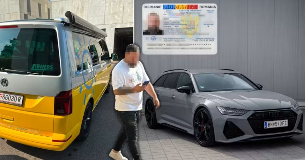 Imaginea de tip colaj prezintă un bărbat cu fața blurată mergând între o dubă galben cu argintiu și un Audi gri, având suprapusă în fundal o carte de identitate românească cu datele cenzurate.