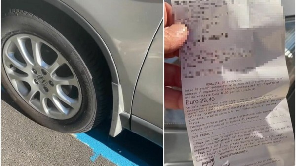 Două cadre ce prezintă, în stânga, roata și aripa unui autoturism parcat, iar în dreapta, o înștiințare de plată a unei amenzi de circulație din Italia (în valoare de 29,40 Euro), tipărită pe hârtie termică, având datele personale blurate.