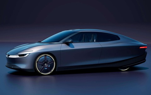 Masina stil futuristic marca volkswagen, peisaj simplist modern, albastru inchis la culoare