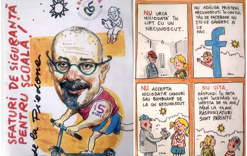 Elevi din sectorul 5 au primit broșuri despre siguranța în școală, cu Piedone desenat pe copertă, cu tatuaj și pe trotinetă