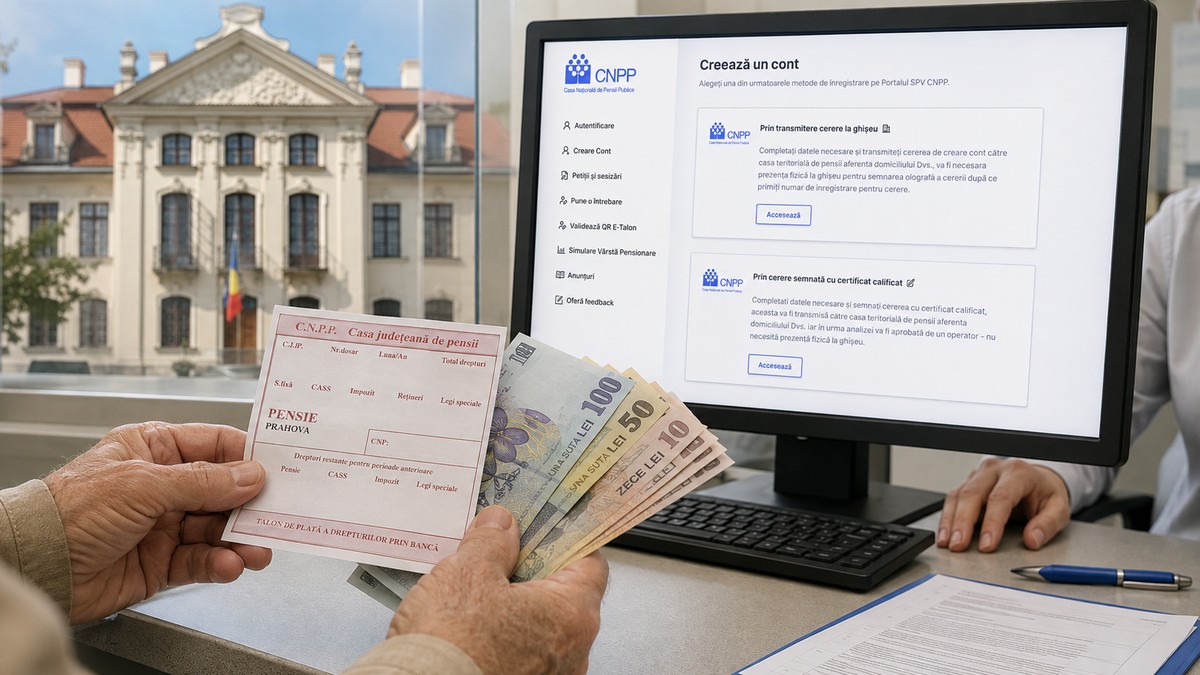 Mâinile unui pensionar țin un talon de pensie și mai multe bancnote, la ghișeu, în fața unui monitor pe care este deschis noul portal CNPP. În fundal se vede o clădire instituțională, iar pe birou sunt documente și un pix. Imagine generată cu AI