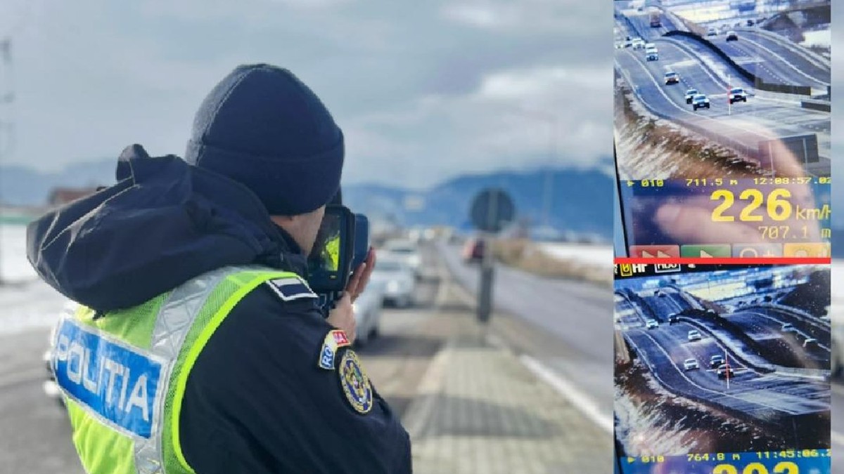 Un polițist, imbracat cu vesta reflectorizanta, cu radarul in mana