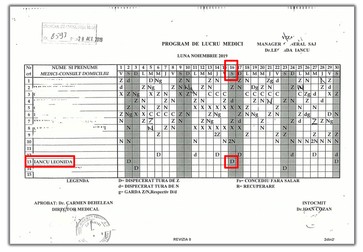 Graficul de lucru care arată că Iancu Leonida a fost medicul coordonator de serviciu pe 16 noiembrie